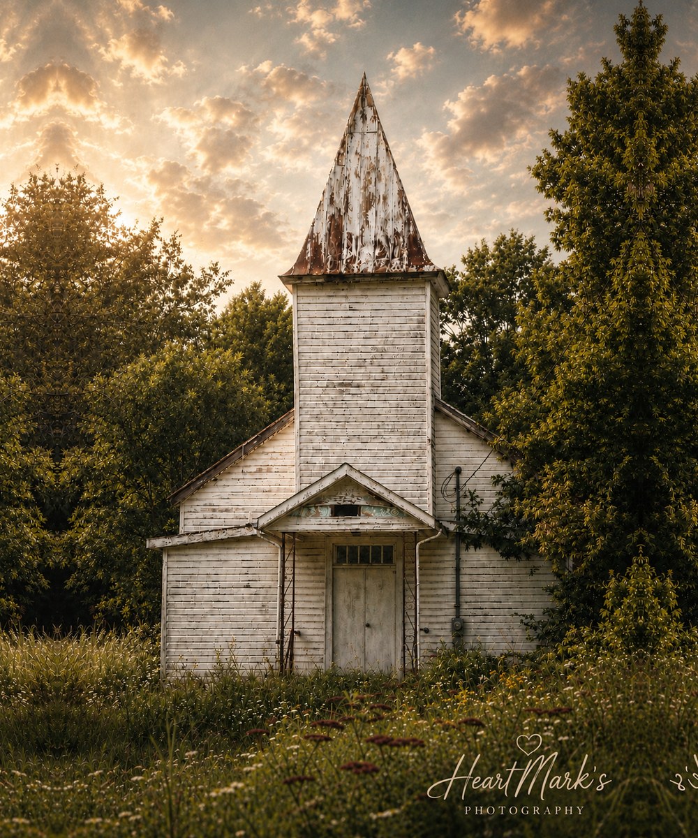 A historic white country church at golden hour, full view