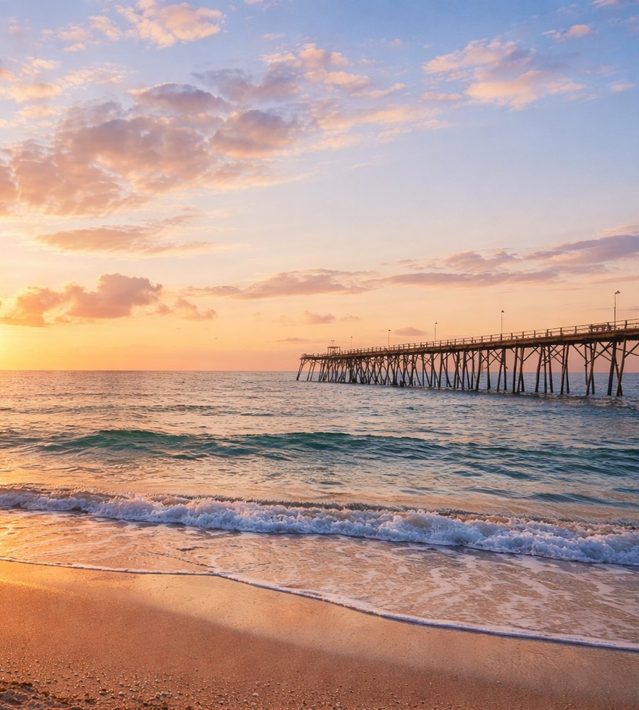 A pier at sunrise on a quiet beach