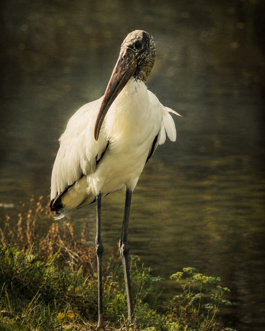 A wood stork standing at the edge of a pond